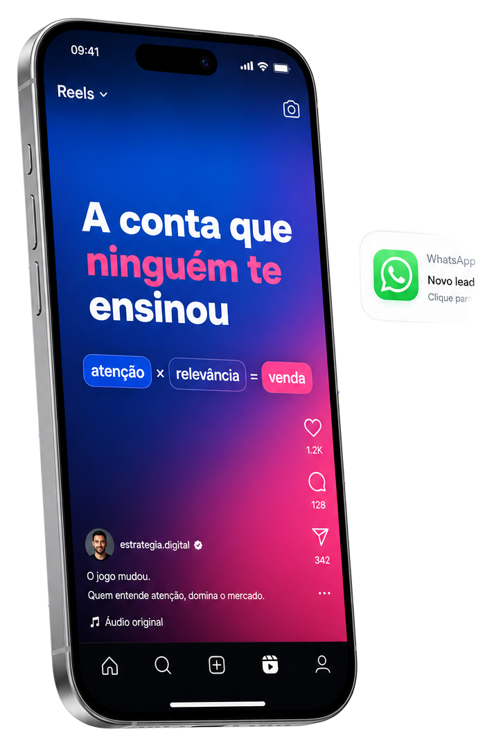 Celular exibindo um Reel sobre atenção, relevância e venda no Instagram, com notificação de novo lead no WhatsApp